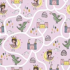 Childish seamless pattern with princess and dragon