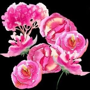 Hot Pink Watercolor Flowers on Black