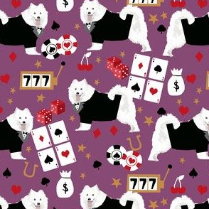 samoyed casino fabric - dogs and poker fabric, dog card fabric, casino fabric, dog fabric - purple