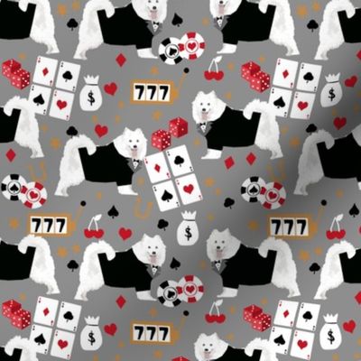 samoyed casino fabric - dogs and poker fabric, dog card fabric, casino fabric, dog fabric - grey