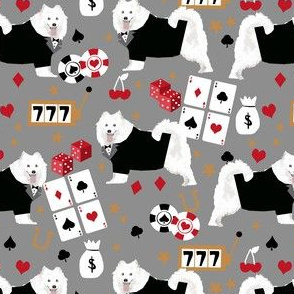samoyed casino fabric - dogs and poker fabric, dog card fabric, casino fabric, dog fabric - grey