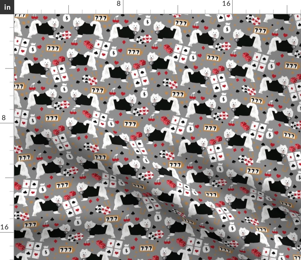 samoyed casino fabric - dogs and poker fabric, dog card fabric, casino fabric, dog fabric - grey