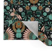 Rhinoceros beetles and abstract flowers, in a folk style. Black background