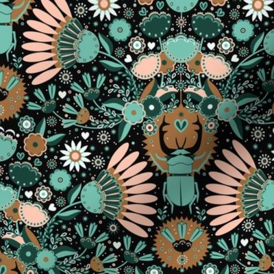 Rhinoceros beetles and abstract flowers, in a folk style. Black background