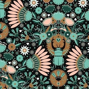 Rhinoceros beetles and abstract flowers, in a folk style. Black background