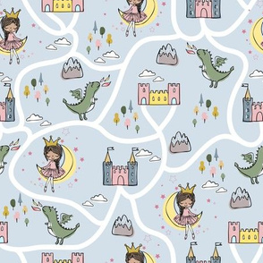 Childish seamless pattern with princess and dragonblue background 