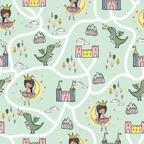 Childish seamless pattern with princess and dragon green background