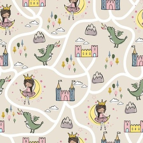 Childish seamless pattern with princess and dragon beige background