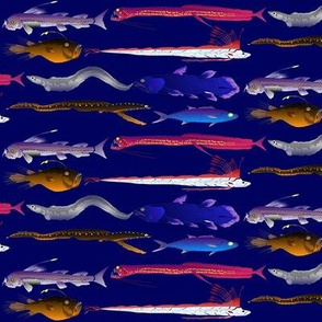 8 deep sea fish in dark blue