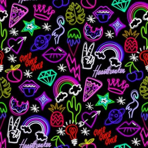 Neon signs fabric - neon, cactus, flamingo, bird, funny, cute, rainbow, happy fabric -  pinks and purples
