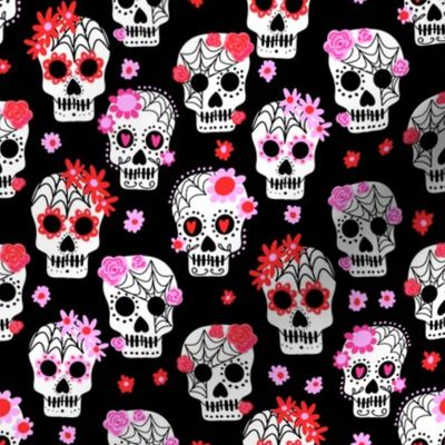 sugar skulls fabric - marigold fabric, day of the dead fabric, mexico folk fabric - black