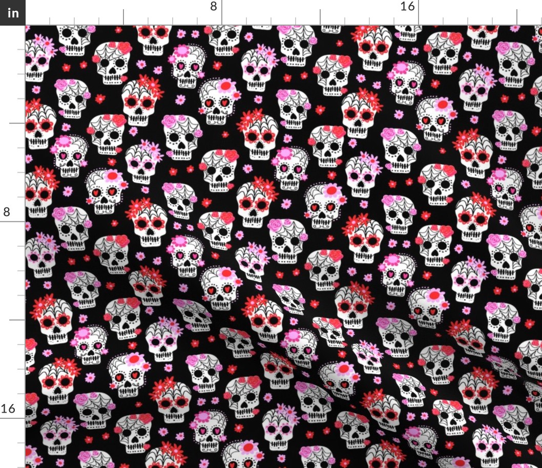 sugar skulls fabric - marigold fabric, day of the dead fabric, mexico folk fabric - black