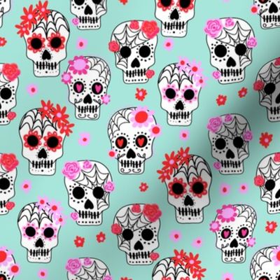 sugar skulls fabric - marigold fabric, day of the dead fabric, mexico folk fabric - mint