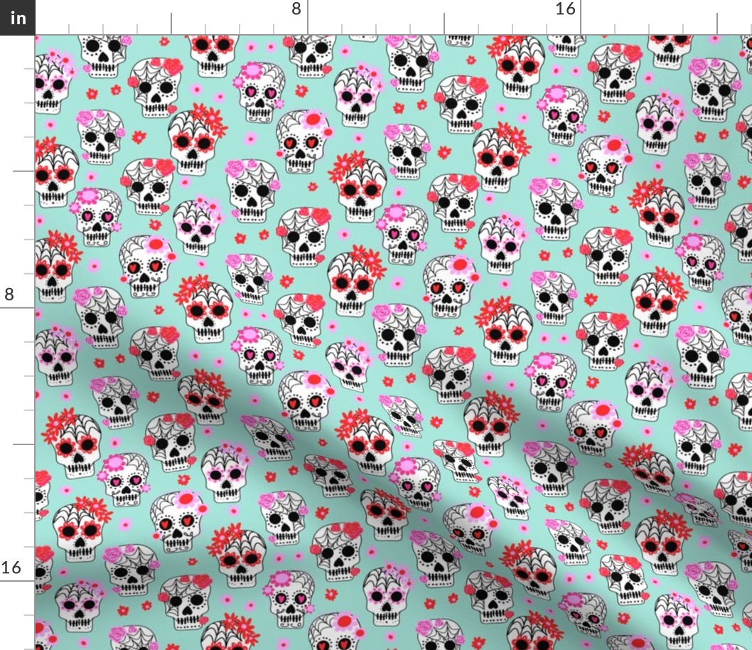 sugar skulls fabric - marigold fabric, day of the dead fabric, mexico folk fabric - mint