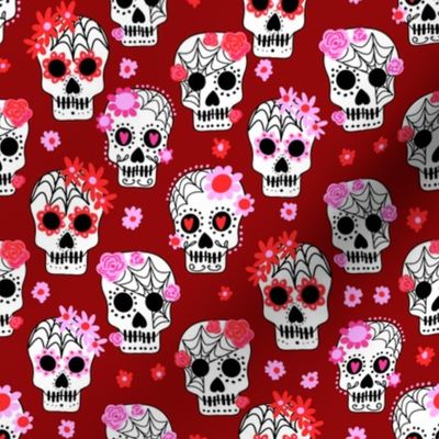 sugar skulls fabric - marigold fabric, day of the dead fabric, mexico folk fabric - red