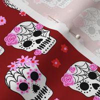 sugar skulls fabric - marigold fabric, day of the dead fabric, mexico folk fabric - red