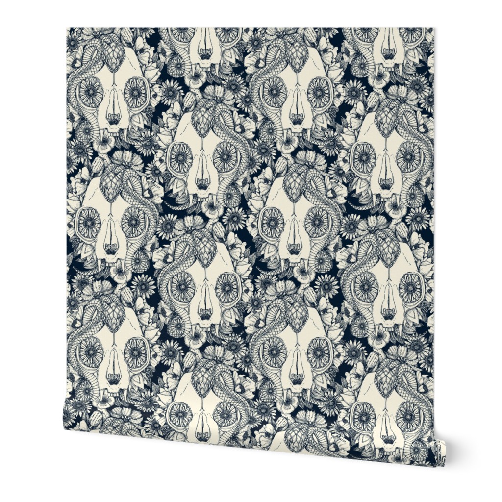 cat skull damask indigo