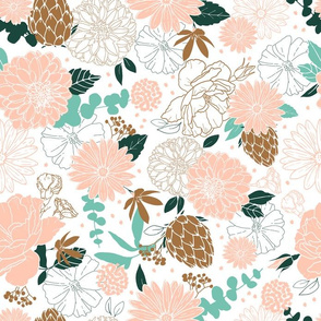 Country Garden Floral Pink and Teal Small Scale