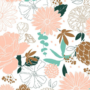 Country Garden Floral Pink and Teal Large Scale