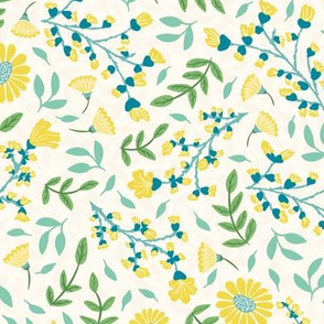 Cottage Garden Floral in Yellow, Teal and Green