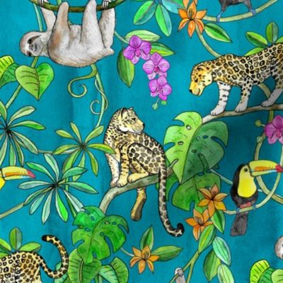 Rainforest Friends - watercolor animals on textured teal - medium