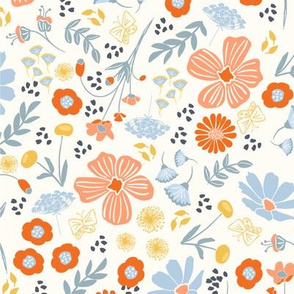 Cottage Garden Large Floral in Peach, Orange, Blue