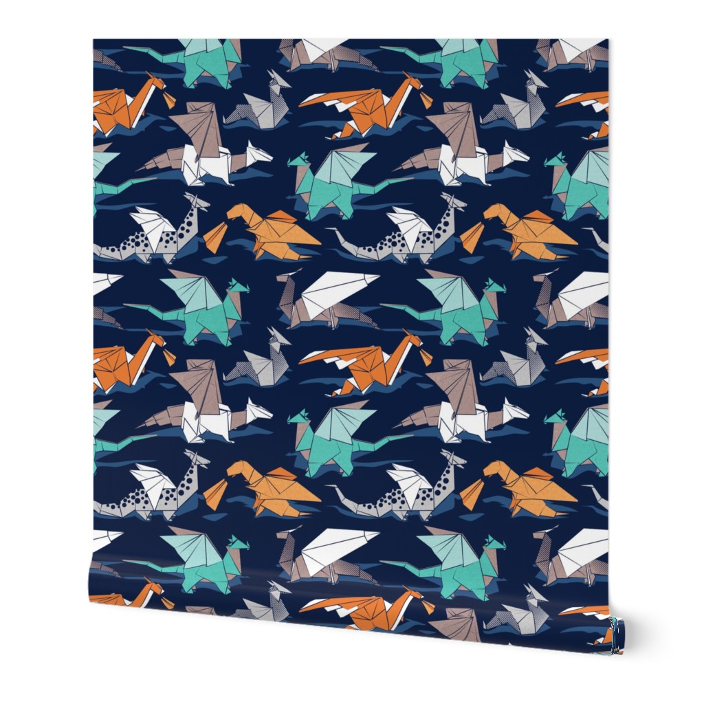 Small scale // Origami dragon friends // oxford navy blue background aqua orange grey and taupe fantastic creatures