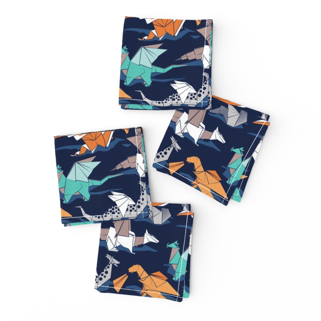 Small scale // Origami dragon friends // oxford navy blue background aqua orange grey and taupe fantastic creatures