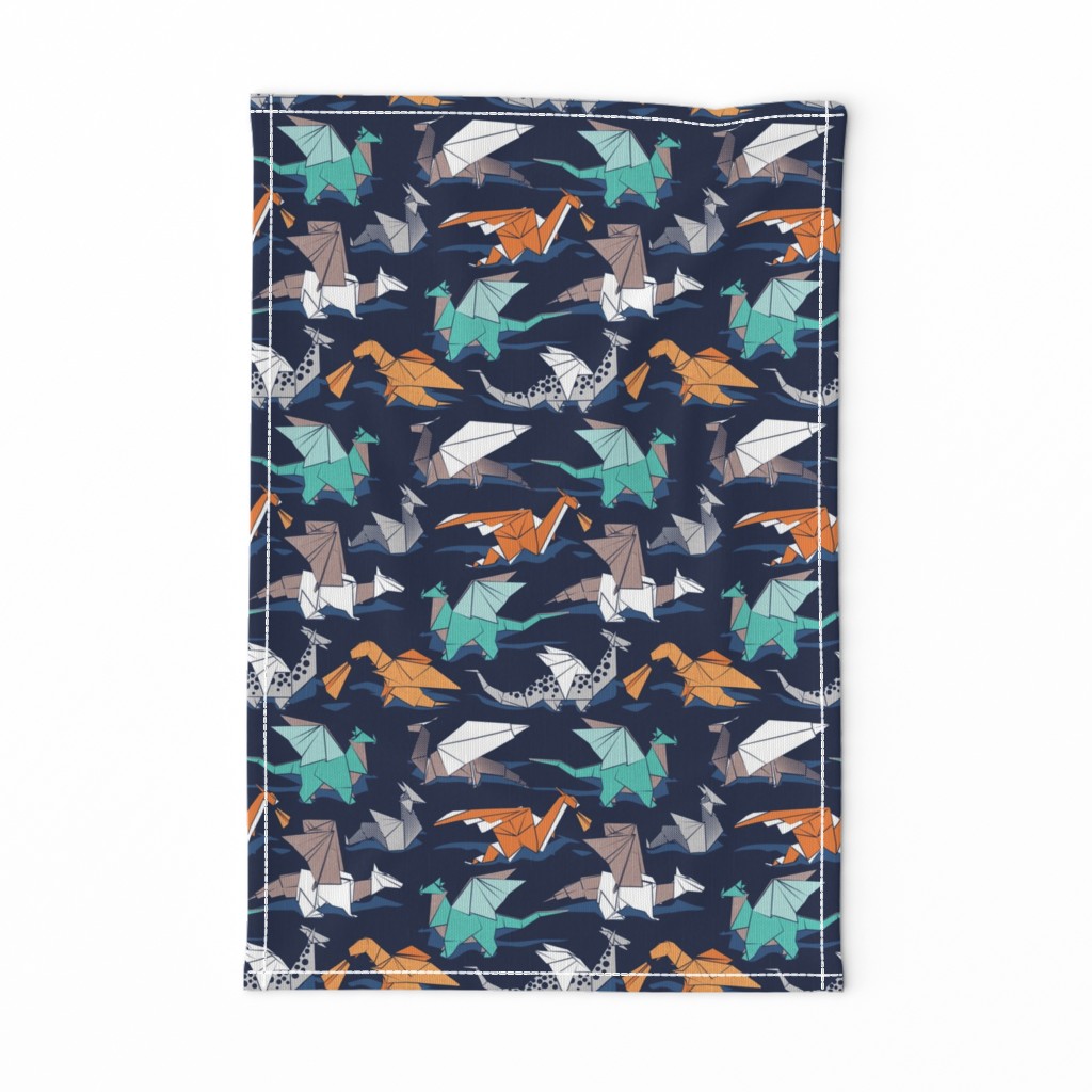 Small scale // Origami dragon friends // oxford navy blue background aqua orange grey and taupe fantastic creatures