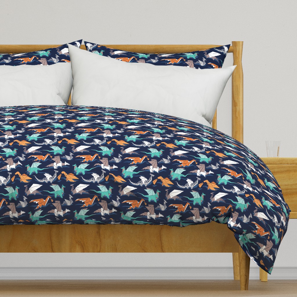 Small scale // Origami dragon friends // oxford navy blue background aqua orange grey and taupe fantastic creatures