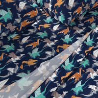 Small scale // Origami dragon friends // oxford navy blue background aqua orange grey and taupe fantastic creatures