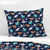 Small scale // Origami dragon friends // oxford navy blue background aqua orange grey and taupe fantastic creatures