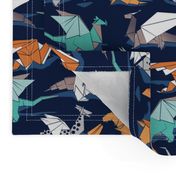 Small scale // Origami dragon friends // oxford navy blue background aqua orange grey and taupe fantastic creatures