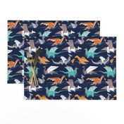 Small scale // Origami dragon friends // oxford navy blue background aqua orange grey and taupe fantastic creatures