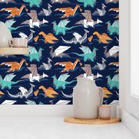 Small scale // Origami dragon friends // oxford navy blue background aqua orange grey and taupe fantastic creatures