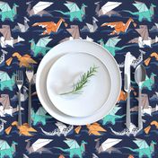 Small scale // Origami dragon friends // oxford navy blue background aqua orange grey and taupe fantastic creatures