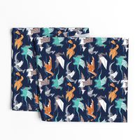 Small scale // Origami dragon friends // oxford navy blue background aqua orange grey and taupe fantastic creatures