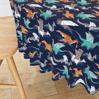 Small scale // Origami dragon friends // oxford navy blue background aqua orange grey and taupe fantastic creatures