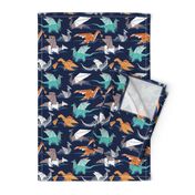 Small scale // Origami dragon friends // oxford navy blue background aqua orange grey and taupe fantastic creatures