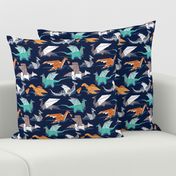 Small scale // Origami dragon friends // oxford navy blue background aqua orange grey and taupe fantastic creatures