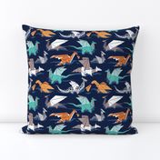 Small scale // Origami dragon friends // oxford navy blue background aqua orange grey and taupe fantastic creatures