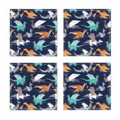 Small scale // Origami dragon friends // oxford navy blue background aqua orange grey and taupe fantastic creatures