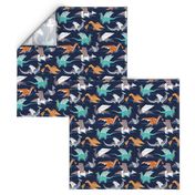 Small scale // Origami dragon friends // oxford navy blue background aqua orange grey and taupe fantastic creatures