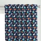 Small scale // Origami dragon friends // oxford navy blue background aqua orange grey and taupe fantastic creatures