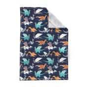 Small scale // Origami dragon friends // oxford navy blue background aqua orange grey and taupe fantastic creatures