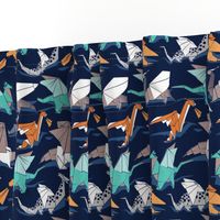 Small scale // Origami dragon friends // oxford navy blue background aqua orange grey and taupe fantastic creatures