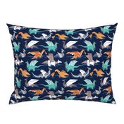 Small scale // Origami dragon friends // oxford navy blue background aqua orange grey and taupe fantastic creatures