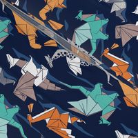 Small scale // Origami dragon friends // oxford navy blue background aqua orange grey and taupe fantastic creatures