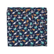 Small scale // Origami dragon friends // oxford navy blue background aqua orange grey and taupe fantastic creatures