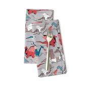 Small scale // Origami dragon friends // linen texture background blue red grey and taupe fantastic creatures